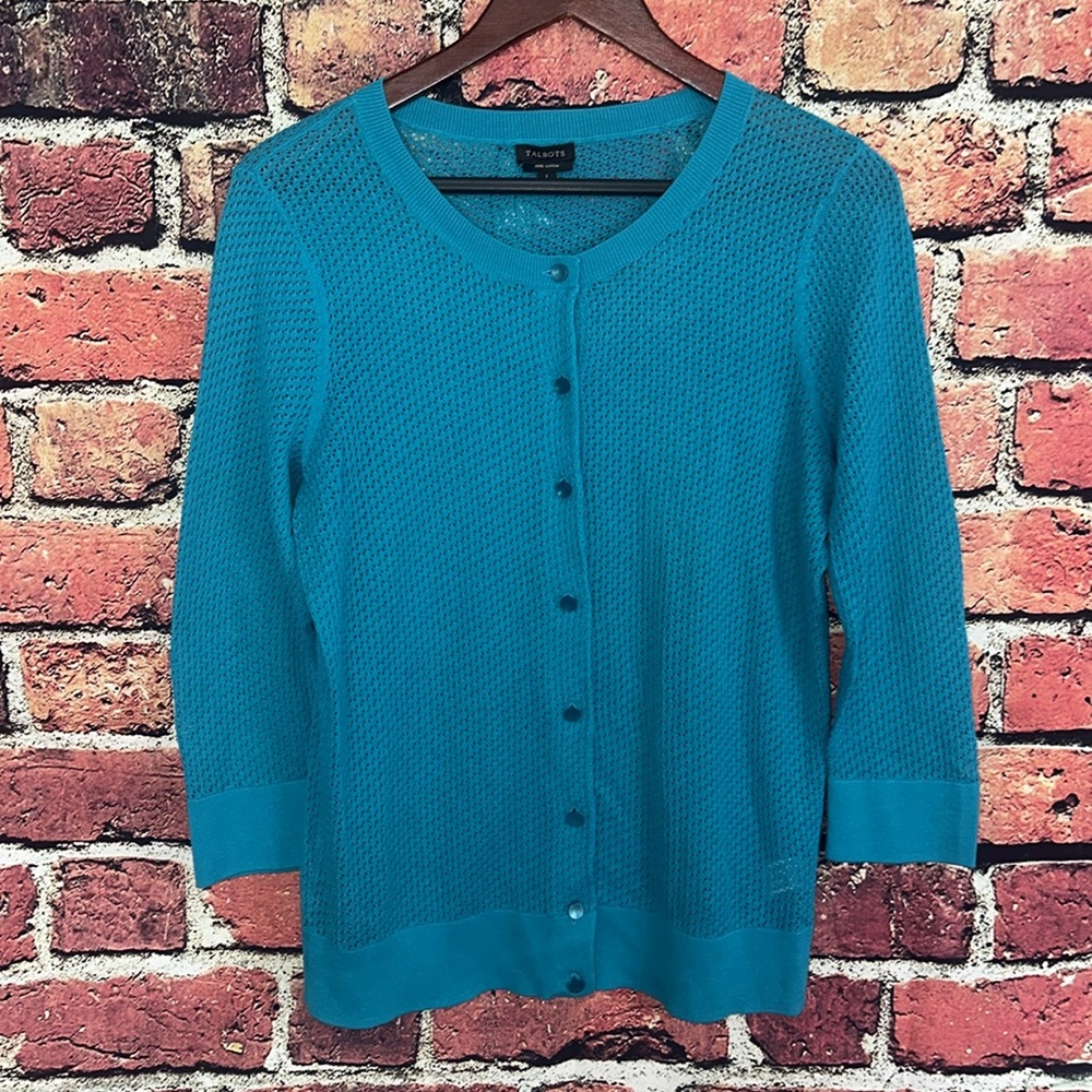 Talbots Womens Blue Knitted Pima Cotton Button down Cardigan Size Large